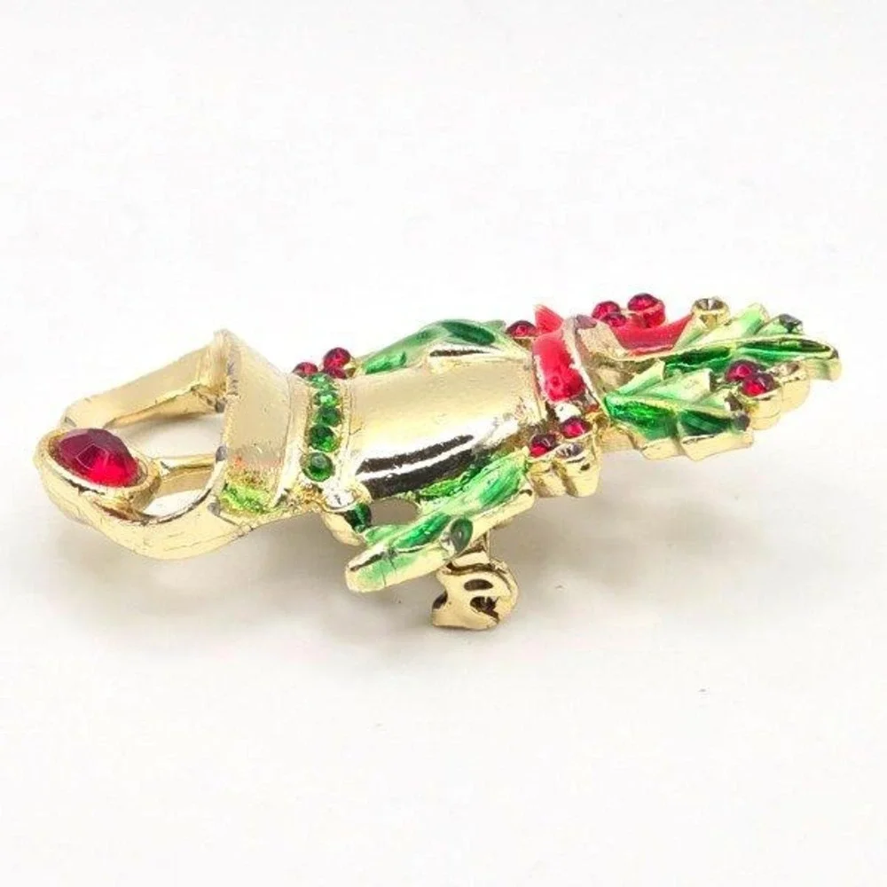 Vintage BJ Christmas Bell Brooch Pin Holly Leaf Holiday‎ Enamel Jewelry